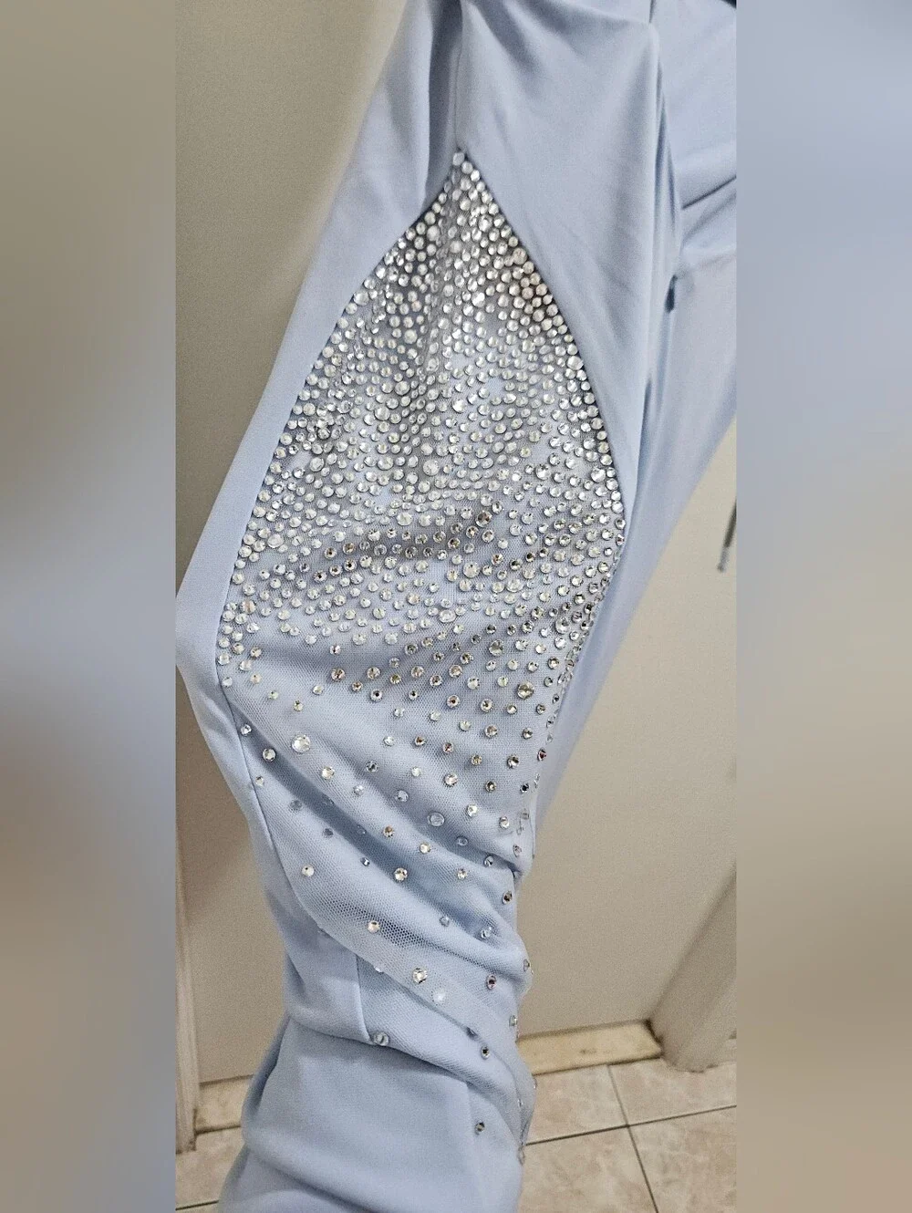 JOVANI Light Blue Backless Evening Gown with Embellished Sheer Panels